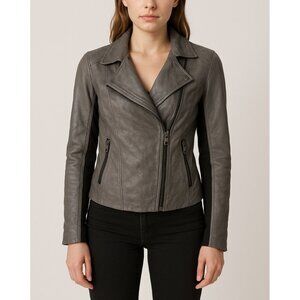 Marc New York Andrew Marc Gray Leather Moto Jacket Women’s Knit Panels L
